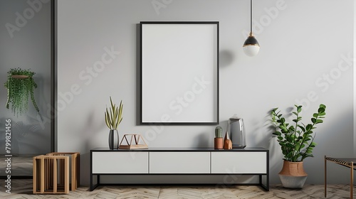 Mockup frame in living room interior with chair and decor  Scandinavian style.3d rendering   Mock up poster frame in modern interior fully furnished rooms background  living room  ai generated 
