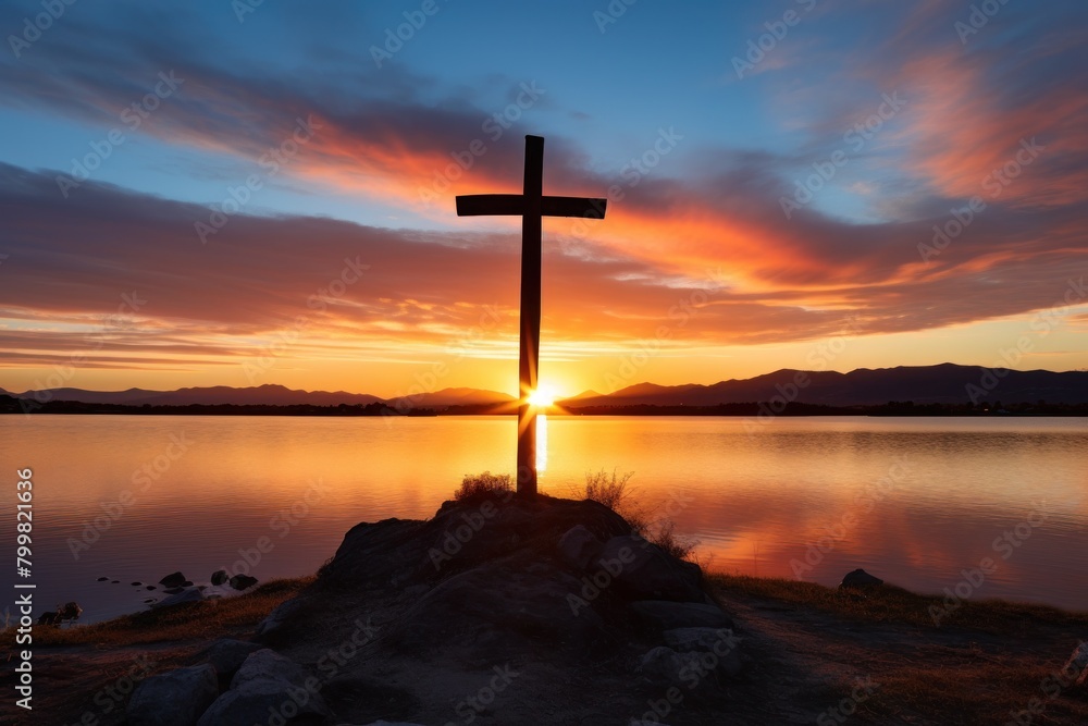 Serene sunset over a lake with a cross silhouette