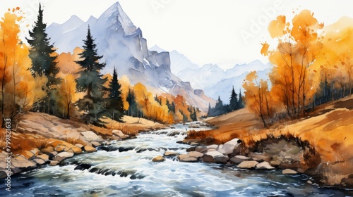 A watercolor painting of a mountain stream in the fall.