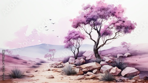A watercolor painting of a pink tree in a rocky desert landscape with a pink sky and distant mountains.