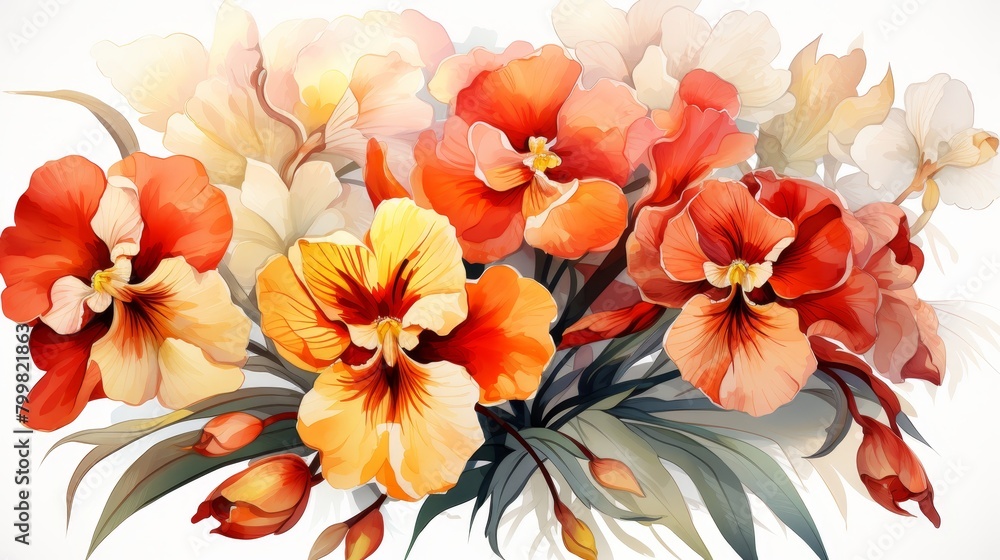 A watercolor painting of orange and yellow pansies.