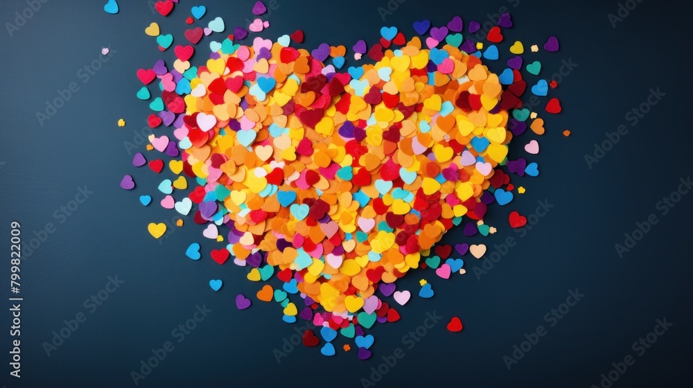 Colorful heart-shaped confetti on dark background