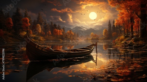 A wooden rowboat sits calmly in a lake surrounded by autumn trees. photo