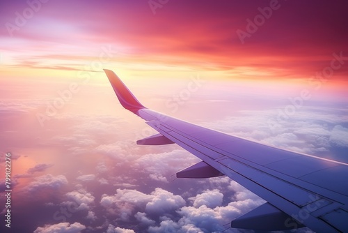 Breathtaking aerial view of airplane wing during sunset