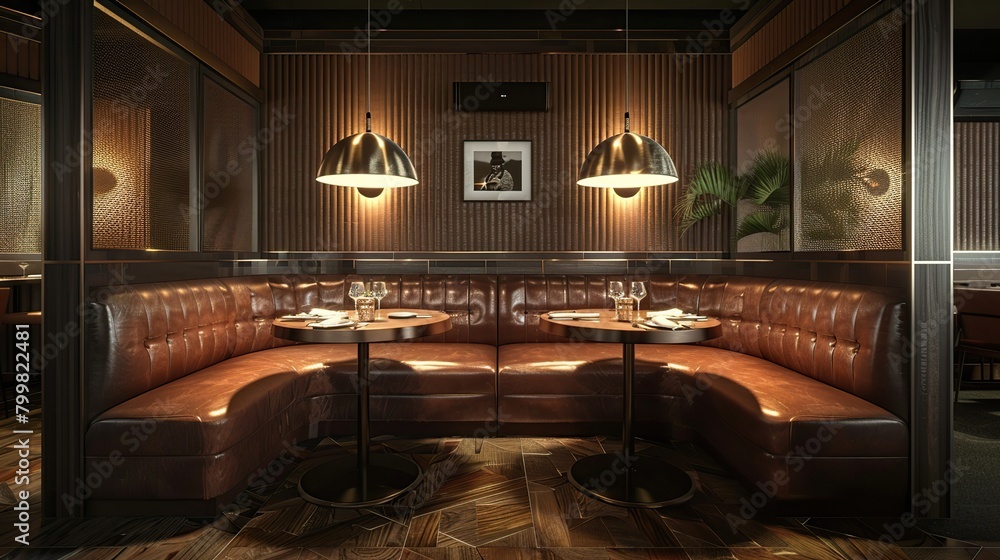 Fototapeta premium Interior of Booth Style Restaurant with Brown Interior, luxury furniture. copy space for text.