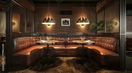 Interior of Booth Style Restaurant with Brown Interior, luxury furniture. copy space for text. © Naknakhone