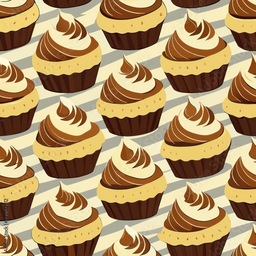 Seamless pattern of tiramisu cupcakes soaked in coffee and layered with mascarpone, Generative AI