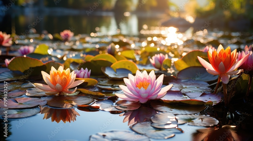 Vibrant Water Lilies Reflecting in Pond