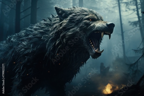 Ferocious black wolf in a dark forest