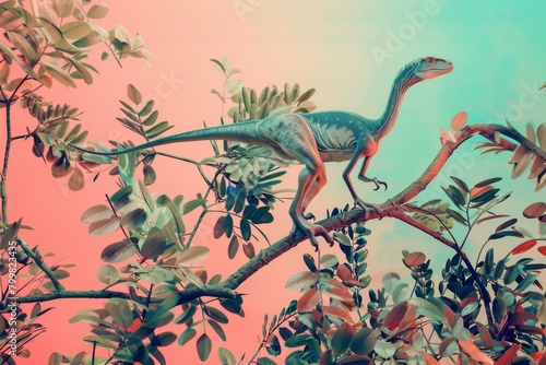 A dinosaur is walking on a tree branch