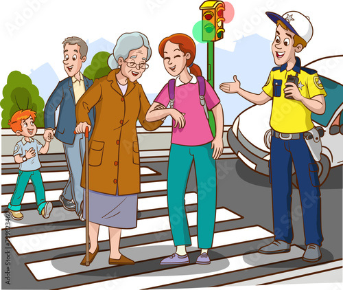 young girl helps old woman. old woman and young woman walking on crosswalk cartoon vector