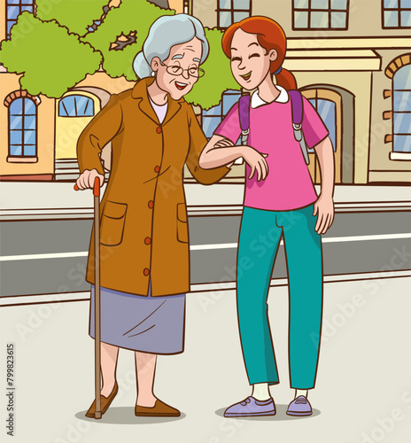 young girl helping woman. old woman and girl walking in the park vector illustration