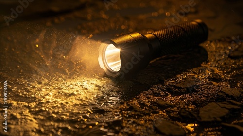 A flashlight is lit up in the dark photo