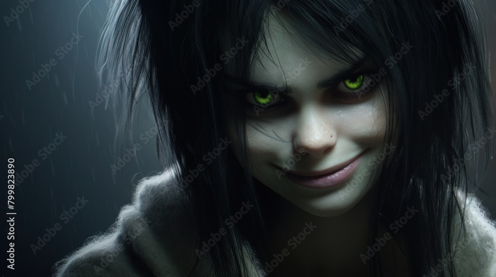 Mysterious dark-haired woman with glowing green eyes