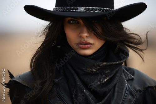 Mysterious woman in black hat and scarf