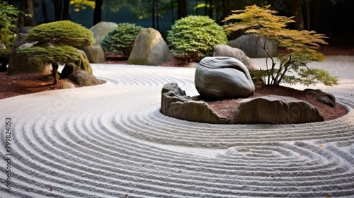 Serene Japanese garden with raked sand and rocks