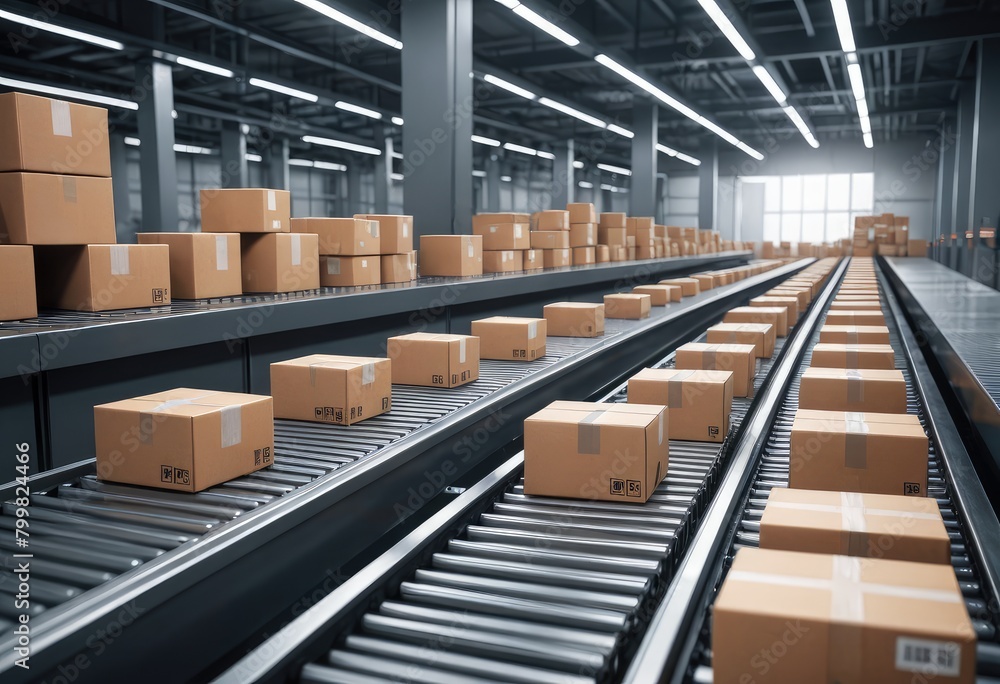 a futuristic setting, boxes glide seamlessly along a conveyor belt, exemplifying advanced logistics efficiency a futuristic setting, boxes glide seamlessly along a conveyor belt, exemplifying advanced logistics efficiency