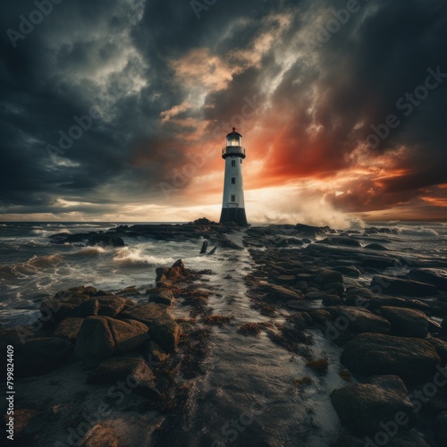 Dramatic Lighthouse Sunset Seascape © Balaraw