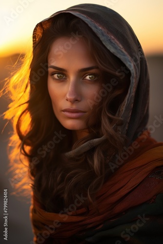 Mysterious woman in hooded cloak at sunset