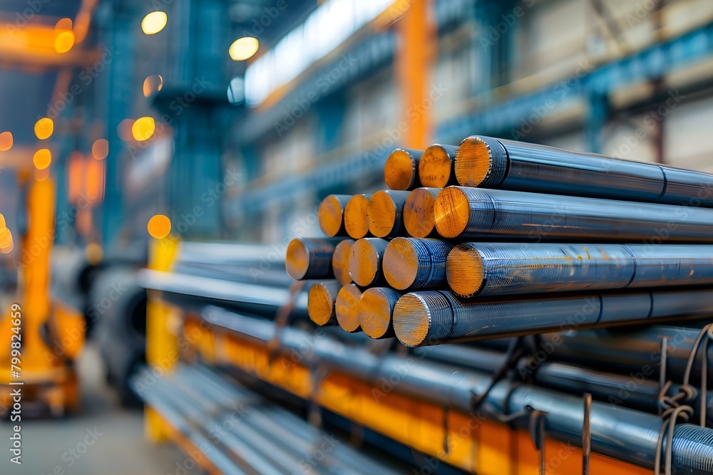 Stacked steel round bars in a warehouse for industrial construction and ...