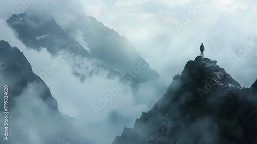 A mountaineer silhouette on large mountain peak with Fogg. Travel adventure hiking concept