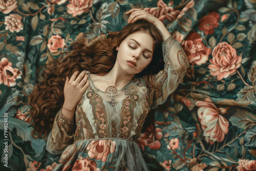 A young woman in an Art Nouveau-inspired gown, surrounded by intricate floral patterns