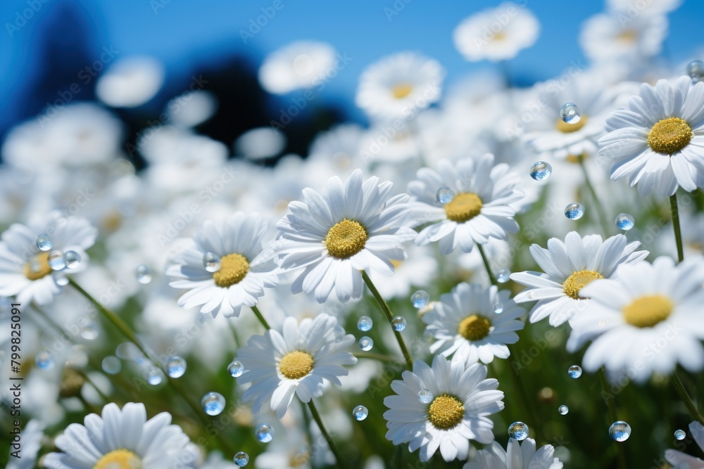 Blooming white daisies with water droplets