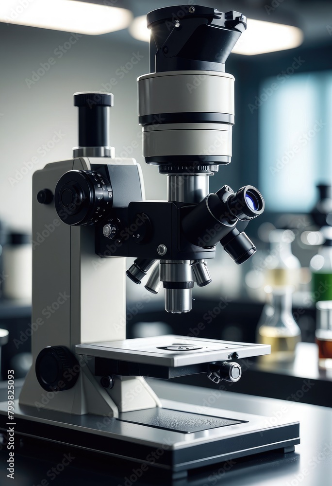 A microscope sits in a laboratory, ready for scientific exploration and analysis A microscope sits in a laboratory, ready for scientific exploration and analysis