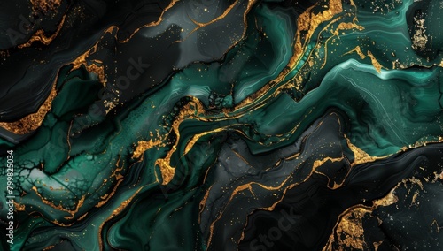 Abstract emerald green and black marble background with golden veins