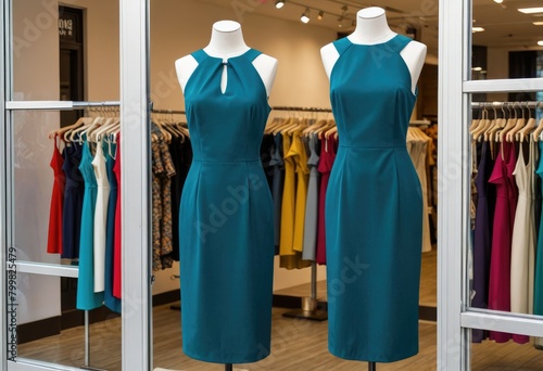 A sheath dress is elegantly displayed in a store window, catching the attention of shoppers passing photo