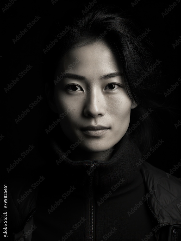 Pensive Asian woman in black jacket