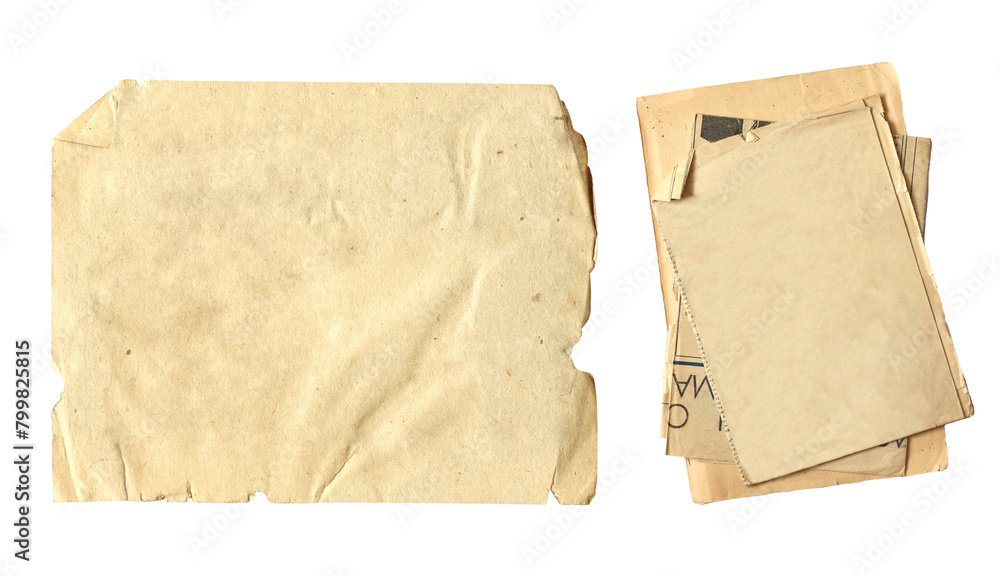 Set of blank old paper sheet. Two crumpled vintage piece paper. Isolated on white background Set of blank old paper sheet. Two crumpled vintage piece paper. Isolated on white background