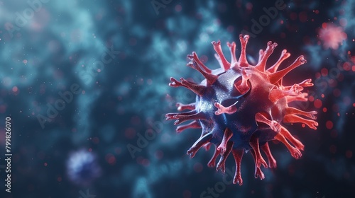 3d render of red corona virus with blurred background, closeup shot.