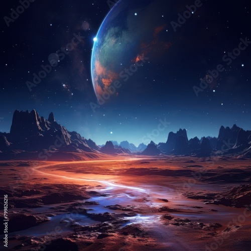 Alien Landscape with Glowing Planet