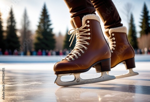 A zoomed-in view of ice skaters' feet in cozy brown skates gracefully sliding on an outdoor rink 