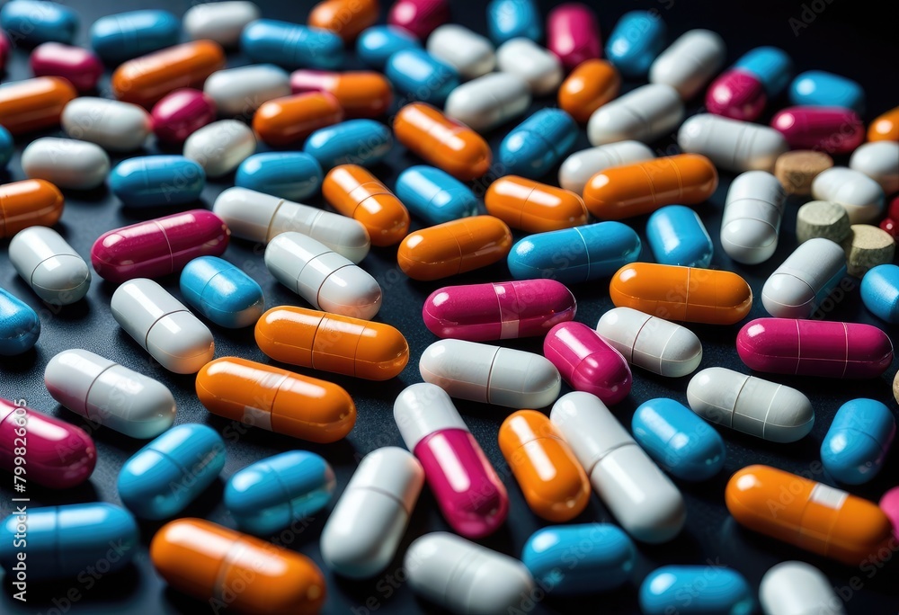 An assortment of pharmaceutical pills and capsules set against a dark background, conveying a sense of mystery An assortment of pharmaceutical pills and capsules set against a dark background, conveying a sense of mystery