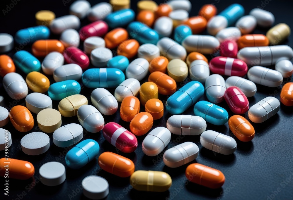 An assortment of pharmaceutical pills and capsules set against a dark background, conveying a sense of mystery