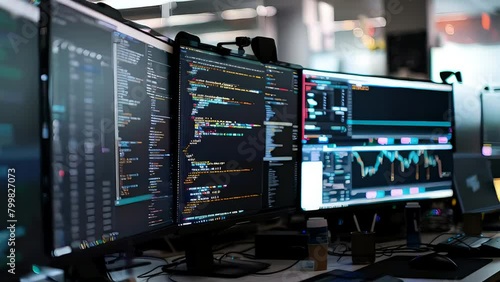 Wallpaper Mural Computer screens showcasing programming code in a high-tech environment. Explore web development, apps, and emerging technologies. Dive into internet and web technology, informatics, and tech business Torontodigital.ca