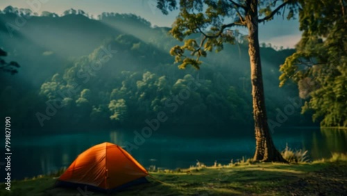 Travel Camping tent beside a blue lake, morning sunlight, mountain  photo