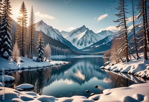 Behold an enchanting winter landscape, adorned with snow-covered mountains and a serene, reflective lake photo