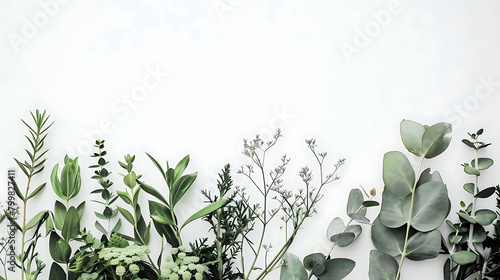 minimalistic arrangement of fresh greenery on white wall