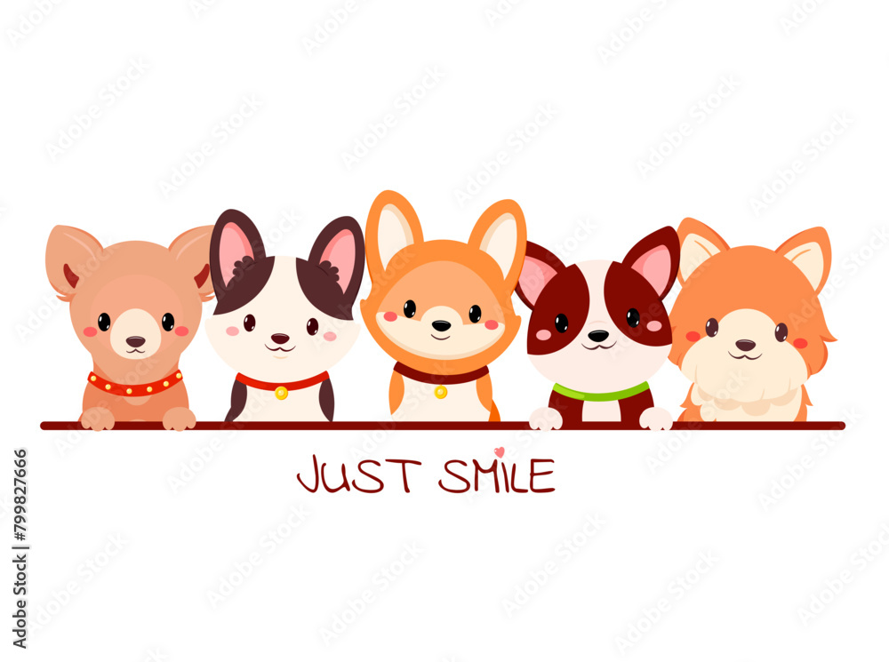 Just smile. Frame with little puppies. Decorative border with five cute dog. Childish print with tiny puppy for t-shirt print, sticker, greeting card design. Vector illustration EPS8 Just smile. Frame with little puppies. Decorative border with five cute dog. Childish print with tiny puppy for t-shirt print, sticker, greeting card design. Vector illustration EPS8