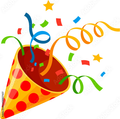 Holiday popper cone or firecracker with confetti ribbons for birthday party, cartoon vector. Birthday carnival or festival celebration popper cone with dots pattern and stars confetti explosion