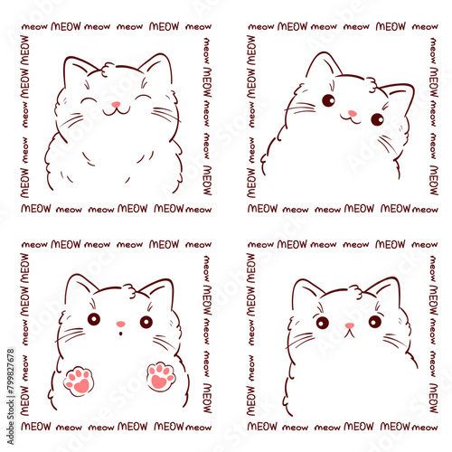 Cute square card with kitty in kawaii style. Lovely cats with different emotion. Inscription Meow meow. Can be used for t-shirt print, stickers, greeting card design. Vector illustration EPS8