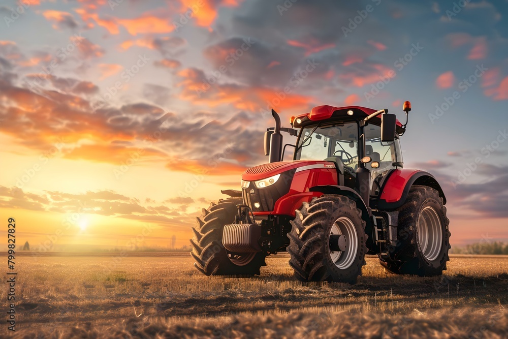 A large red tractor parked in a field during a sunset. Concept Tractor, Sunset, Field, Landscape, Agriculture