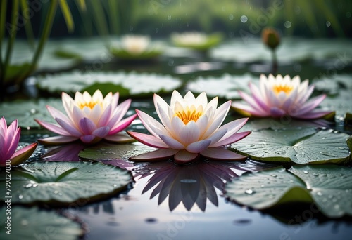 Discover serene water lilies adorned with dew drops, bathed in ethereal light