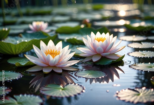 Discover serene water lilies adorned with dew drops  bathed in ethereal light