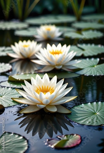 Discover serene water lilies adorned with dew drops, bathed in ethereal light