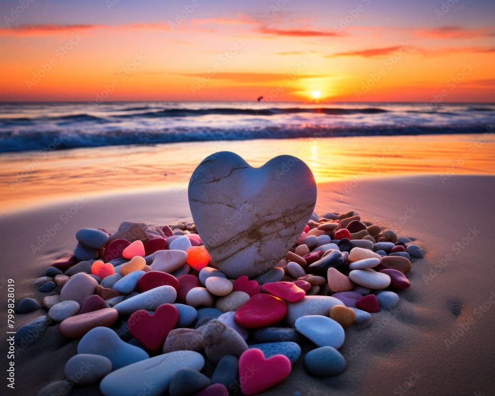 Fototapeta premium Romantic sunset beach with heart-shaped stones