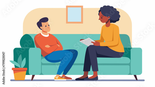 A therapy session being conducted on a cozy oversized couch with the client feeling safe and secure as they open up to their the.. Vector illustration